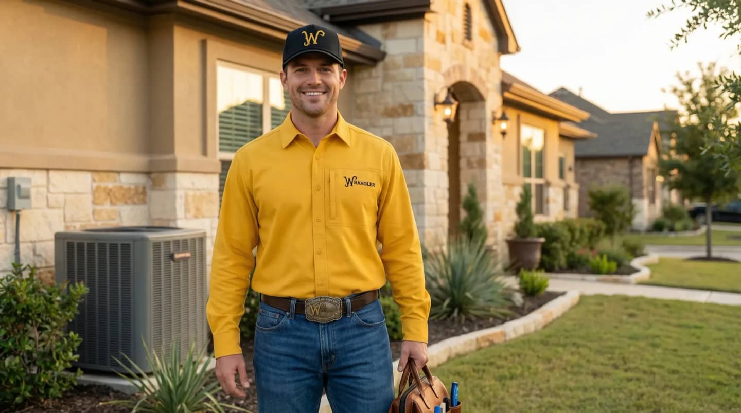 Friendly Wrangler HVAC technician in gold uniform providing AC service in San Antonio