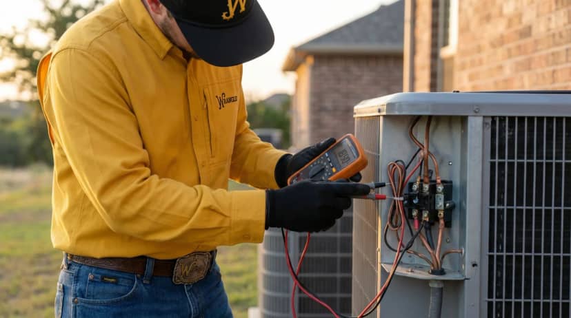 Wrangler HVAC technician hands performing air conditioner repair in San Antonio