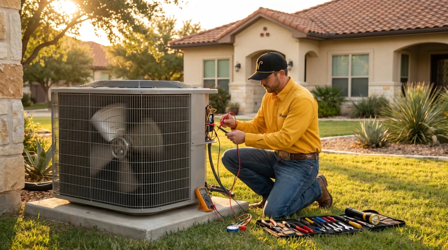A technician performing AC drain line cleaning in a San Antonio home to prevent water damage.