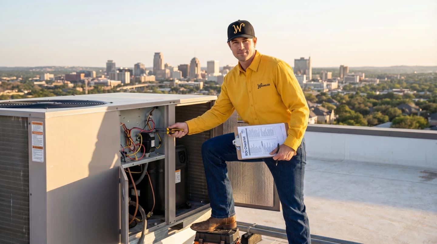 HVAC technician completing a spring preventive maintenance inspection on commercial rooftop units in San Antonio