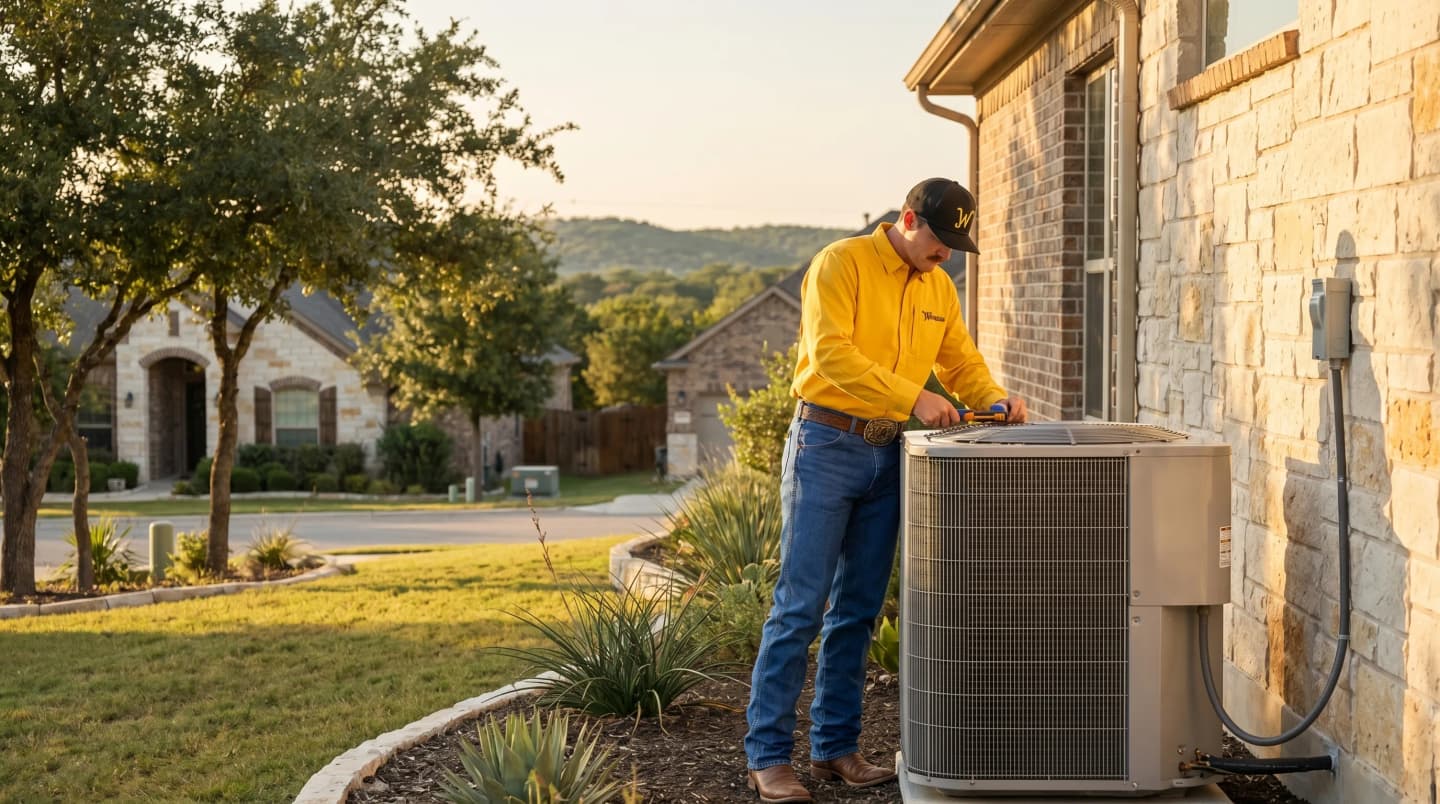 A NATE certified HVAC technician inspecting an AC unit in a San Antonio backyard during a cloudy spring day.