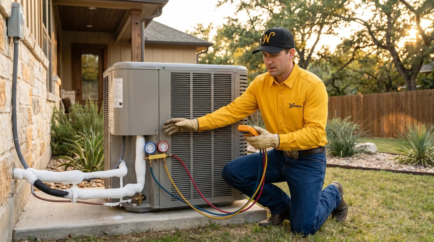A NATE certified HVAC technician inspecting an AC unit in San Antonio, TX, during a humid spring day.