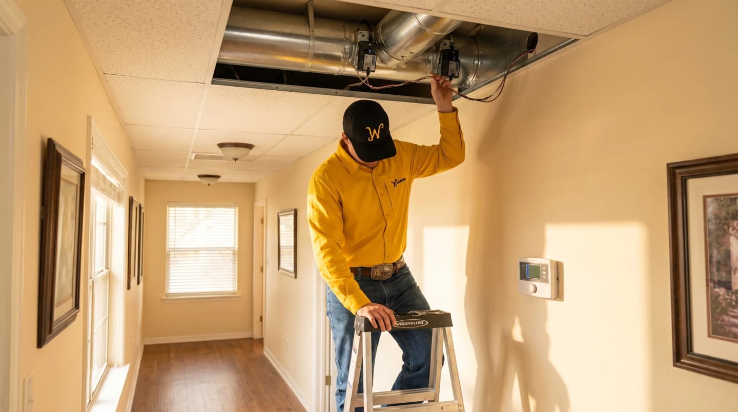 Homeowner checking a thermostat in a warm upstairs hallway in San Antonio, TX