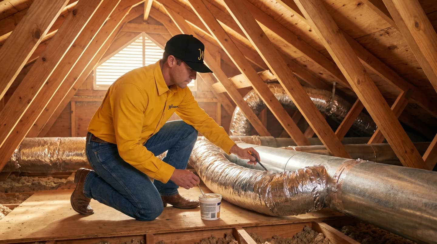 Technician inspecting ductwork leaks San Antonio home attic during Fiesta season
