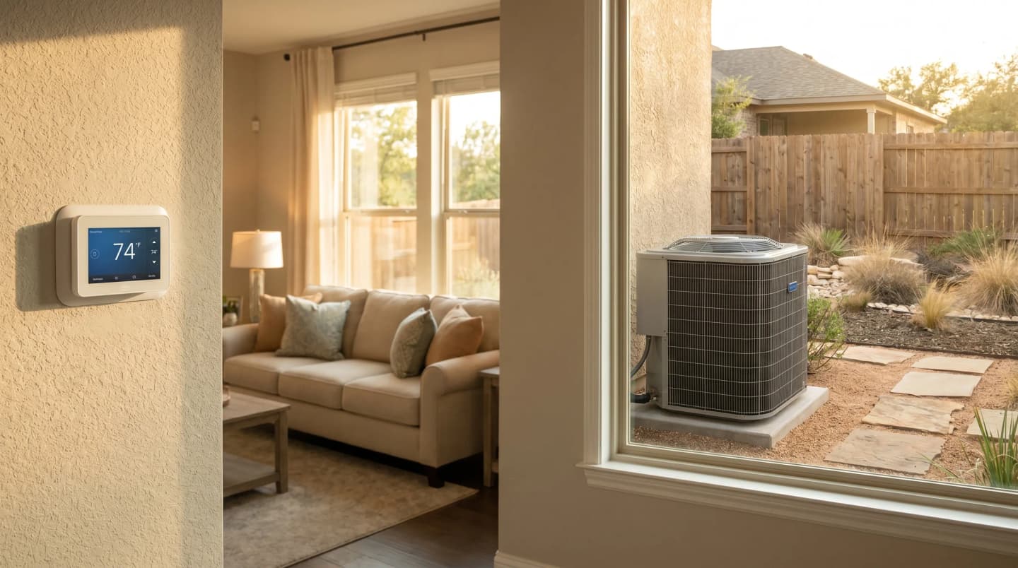 Homeowner in San Antonio checking thermostat because upstairs is too hot during a 91 degree April day