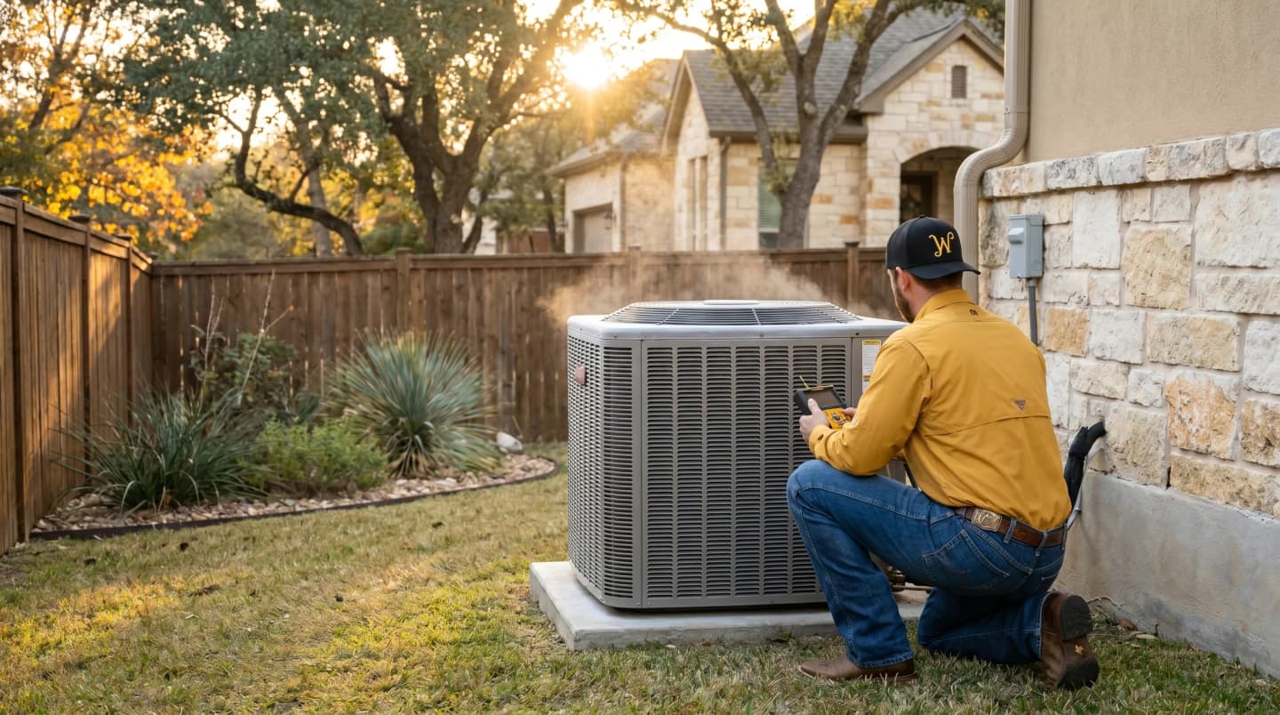 NATE certified HVAC technician inspecting an outdoor unit in San Antonio, TX