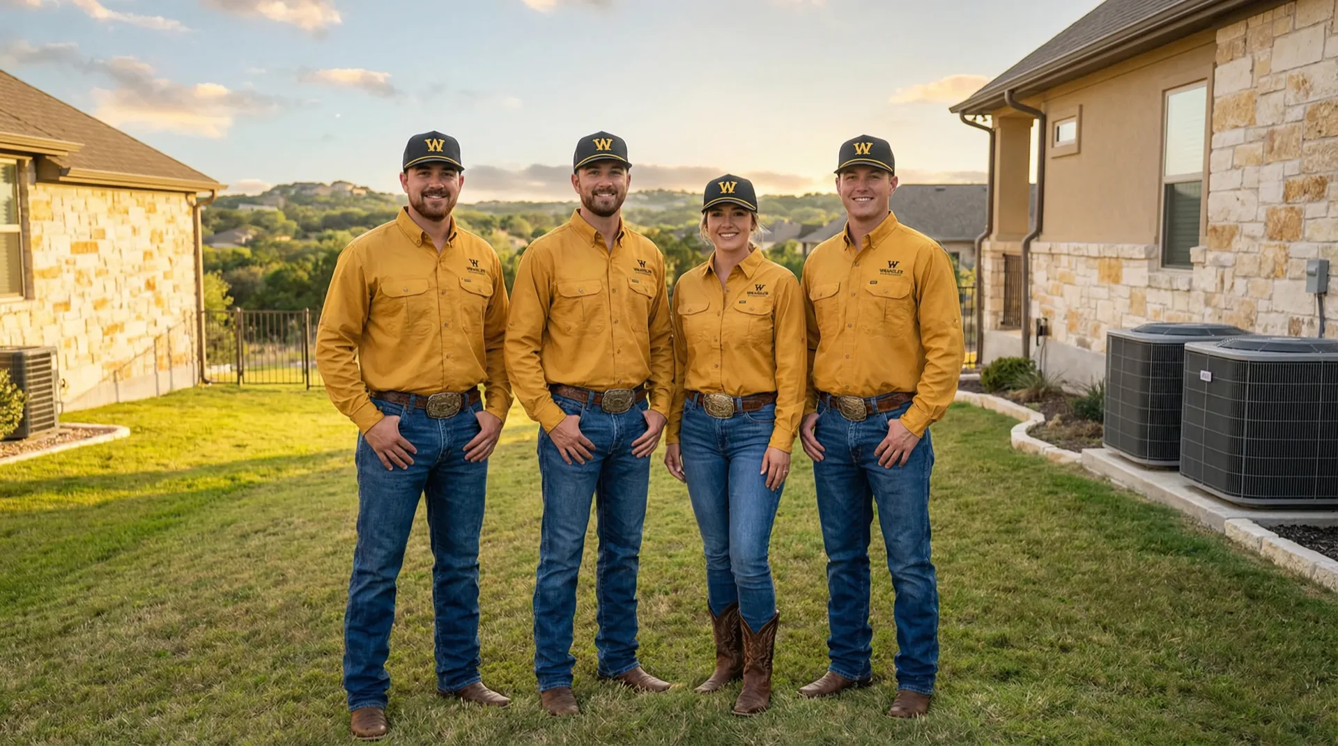 Wrangler Air Conditioning HVAC technicians in gold uniforms ready to serve San Antonio homeowners